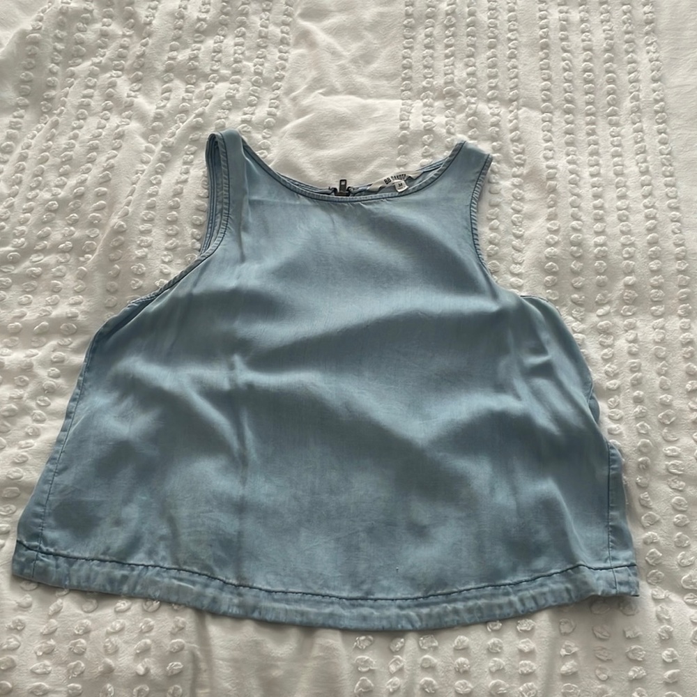 Blue denim open back tulip top